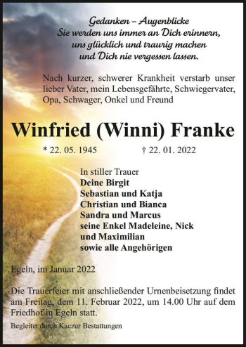 Traueranzeige von Winfried (Winni) Franke  von Magdeburger Volksstimme