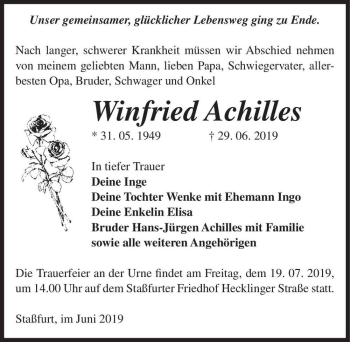 Traueranzeige von Winfried Achilles  von Magdeburger Volksstimme