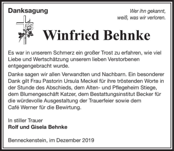 Traueranzeige von Winfried Behnke  von Magdeburger Volksstimme