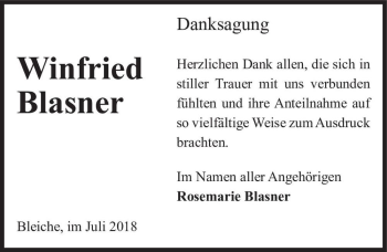 Traueranzeige von Winfried Blasner  von Magdeburger Volksstimme