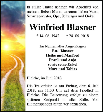 Traueranzeige von Winfried Blasner  von Magdeburger Volksstimme
