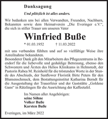 Traueranzeige von Winfried Buße  von Magdeburger Volksstimme