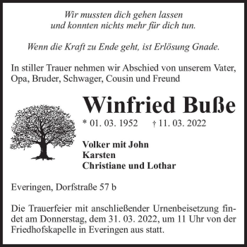 Traueranzeige von Winfried Buße  von Magdeburger Volksstimme