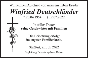 Traueranzeige von Winfried Deutschländer  von Magdeburger Volksstimme
