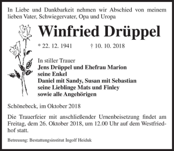 Traueranzeige von Winfried Drüppel  von Magdeburger Volksstimme
