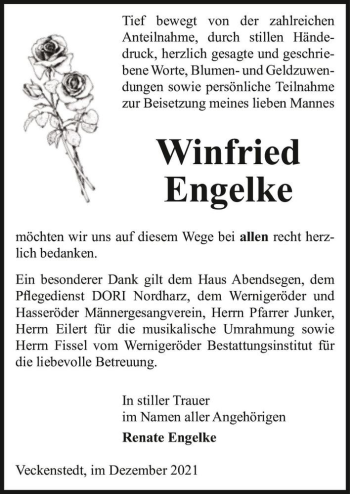 Traueranzeige von Winfried Engelke  von Magdeburger Volksstimme