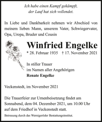 Traueranzeige von Winfried Engelke  von Magdeburger Volksstimme