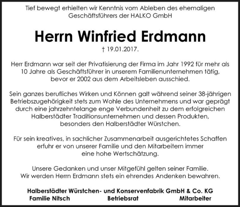  Traueranzeige für Winfried Erdmann  vom 28.01.2017 aus Magdeburger Volksstimme