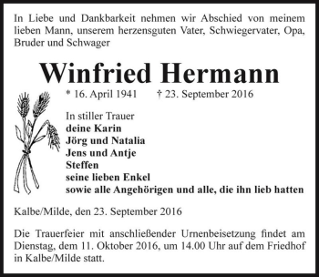 Traueranzeige von Winfried Hermann  von Magdeburger Volksstimme