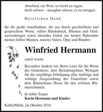 Traueranzeige von Winfried Hermann  von Magdeburger Volksstimme
