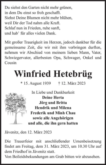 Traueranzeige von Winfried Hetebrüg  von Magdeburger Volksstimme