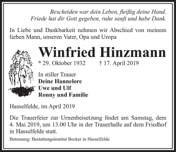 Traueranzeige von Winfried Hinzmann  von Magdeburger Volksstimme