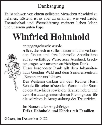 Traueranzeige von Winfried Hohnhold  von Magdeburger Volksstimme