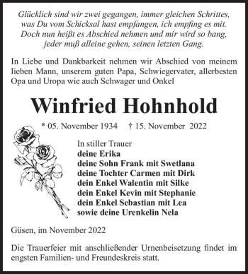 Traueranzeige von Winfried Hohnhold  von Magdeburger Volksstimme