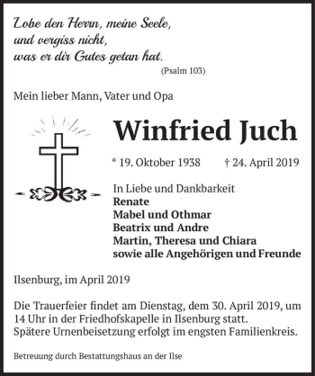 Traueranzeige von Winfried Juch  von Magdeburger Volksstimme