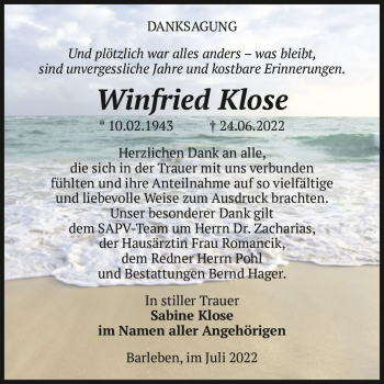 Traueranzeige von Winfried Klose  von Magdeburger Volksstimme