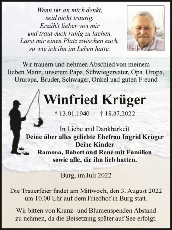 Traueranzeige von Winfried Krüger  von Magdeburger Volksstimme
