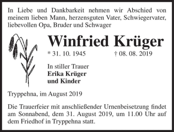 Traueranzeige von Winfried Krüger  von Magdeburger Volksstimme