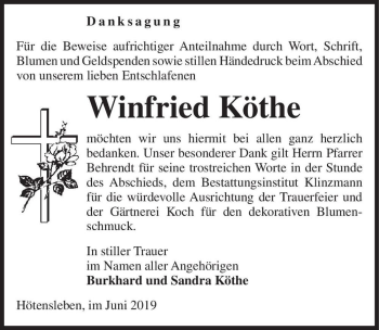 Traueranzeige von Winfried Köthe  von Magdeburger Volksstimme