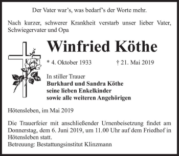 Traueranzeige von Winfried Köthe  von Magdeburger Volksstimme