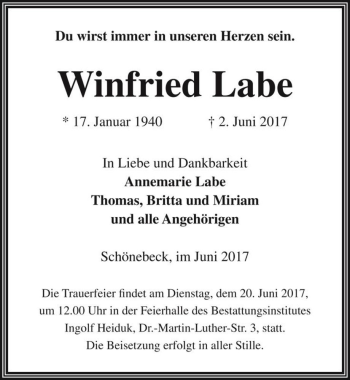 Traueranzeige von Winfried Labe  von Magdeburger Volksstimme