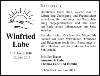 Traueranzeige von Winfried Labe  von Magdeburger Volksstimme