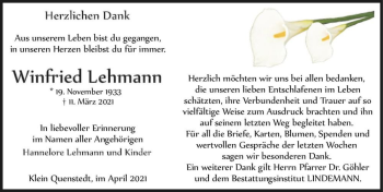 Traueranzeige von Winfried Lehmann  von Magdeburger Volksstimme