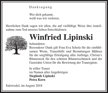 Traueranzeige von Winfried Lipinski  von Magdeburger Volksstimme