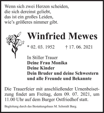 Traueranzeige von Winfried Mewes  von Magdeburger Volksstimme
