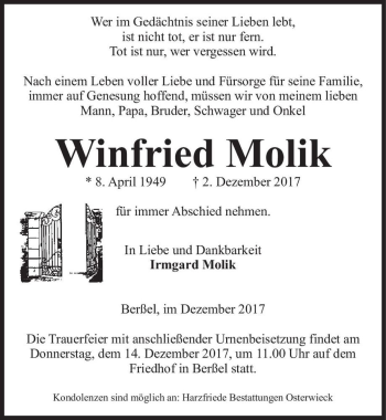 Traueranzeige von Winfried Molik  von Magdeburger Volksstimme