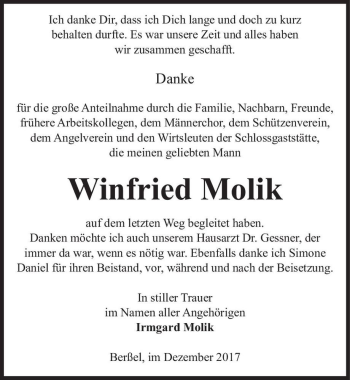 Traueranzeige von Winfried Molik  von Magdeburger Volksstimme