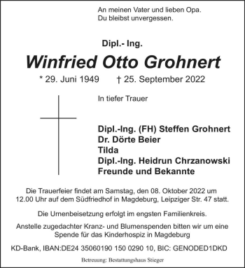 Traueranzeige von Winfried Otto Grohnert  von Magdeburger Volksstimme