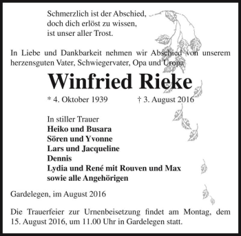 Traueranzeige von Winfried Rieke  von Magdeburger Volksstimme