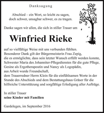 Traueranzeige von Winfried Rieke  von Magdeburger Volksstimme