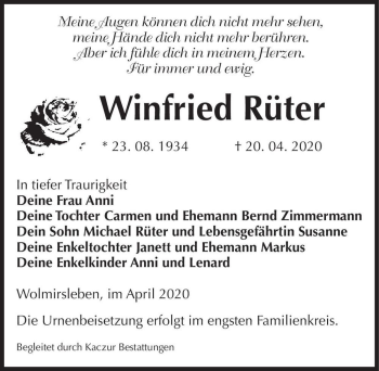 Traueranzeige von Winfried Rüter  von Magdeburger Volksstimme