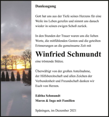 Traueranzeige von Winfried Schmundt  von Magdeburger Volksstimme