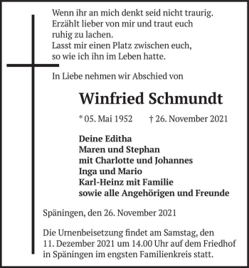 Traueranzeige von Winfried Schmundt  von Magdeburger Volksstimme