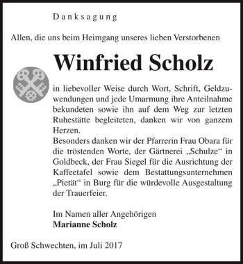 Traueranzeige von Winfried Scholz  von Magdeburger Volksstimme