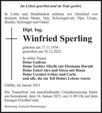 Traueranzeige von Winfried Sperling  von Magdeburger Volksstimme
