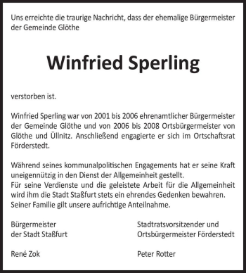Traueranzeige von Winfried Sperling  von Magdeburger Volksstimme