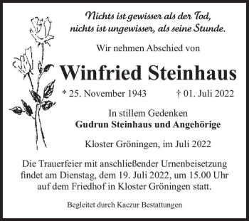 Traueranzeige von Winfried Steinhaus  von Magdeburger Volksstimme