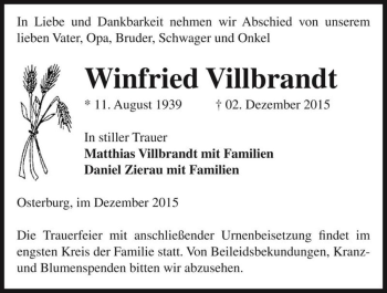 Traueranzeige von Winfried Villbrandt  von Magdeburger Volksstimme