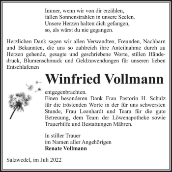 Traueranzeige von Winfried Vollmann  von Magdeburger Volksstimme