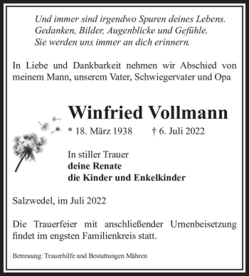 Traueranzeige von Winfried Vollmann  von Magdeburger Volksstimme