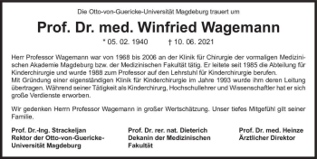 Traueranzeige von Winfried Wagemann  von Magdeburger Volksstimme