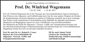 Traueranzeige von Winfried Wagemann  von Magdeburger Volksstimme
