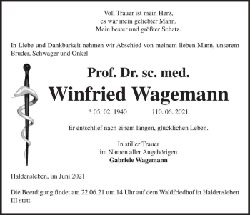 Traueranzeige von Winfried Wagemann  von Magdeburger Volksstimme