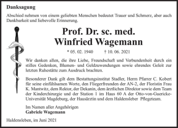 Traueranzeige von Winfried Wagemann  von Magdeburger Volksstimme