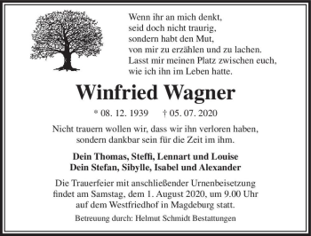 Traueranzeige von Winfried Wagner  von Magdeburger Volksstimme