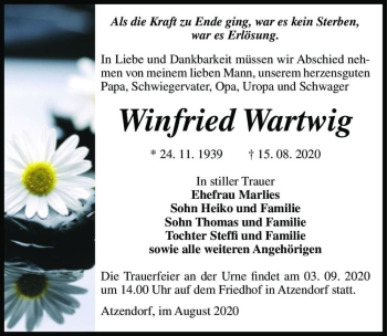 Traueranzeige von Winfried Wartwig  von Magdeburger Volksstimme